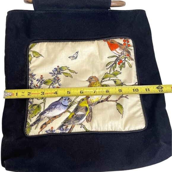 Quilted Bird Tote Bag Purse Lined Black Fabric Handbag Pocket Blue Jay Vintage - Picture 11 of 12